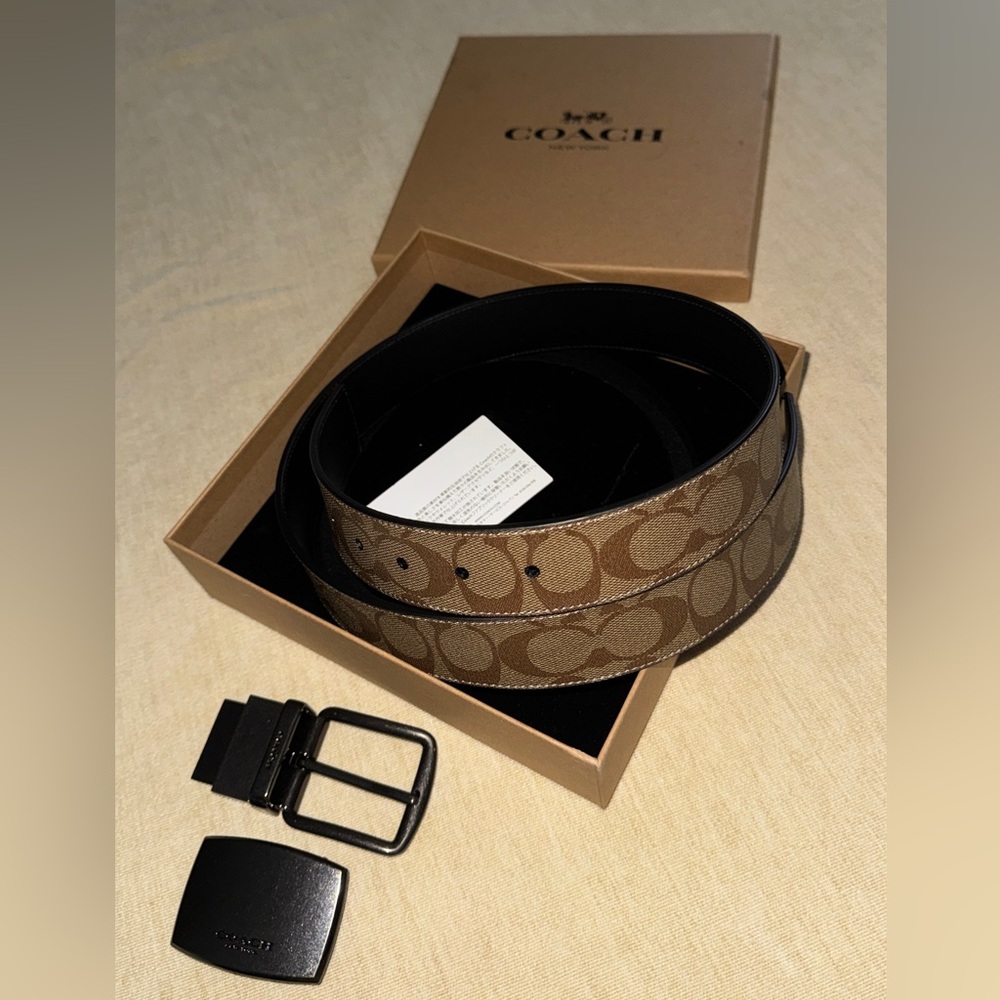 COACH Signature Canvas Belt in Tan and Black